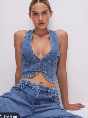 Good American V Neck Denim Vest NWT